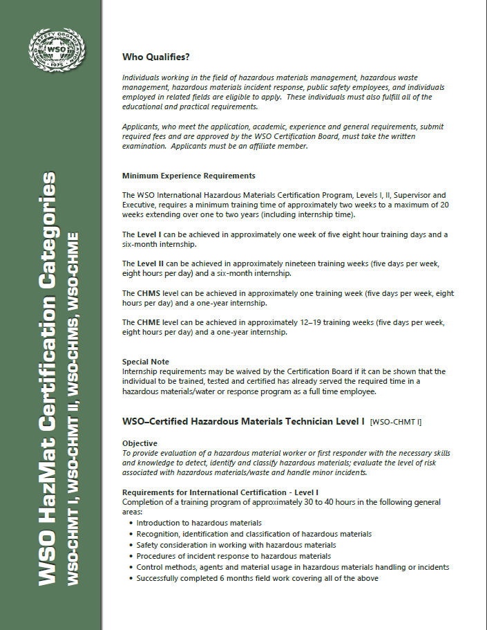 WSO Hazardous Materials Certifications Fact Sheet